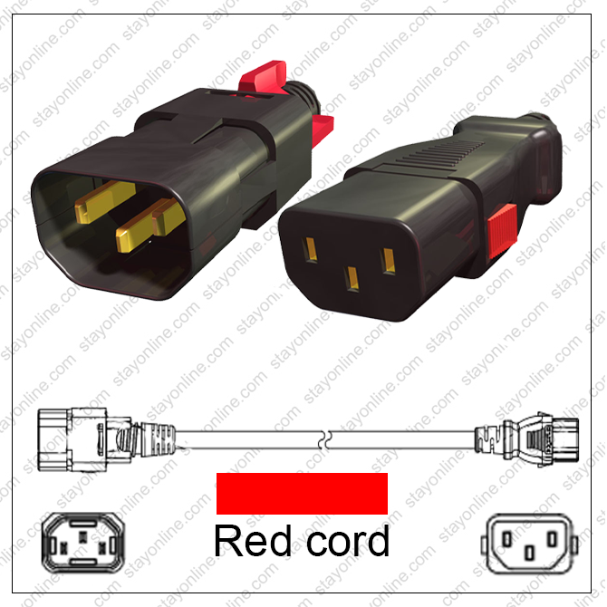 banjo kleding stof BES IEC320 C14 Male Plug to C13 Connector Z-Lock 1 meters / 3.25 feet 10a/250v  H05VV-F3G1.0 & 17/3 SJT Red - Locking Power Cord