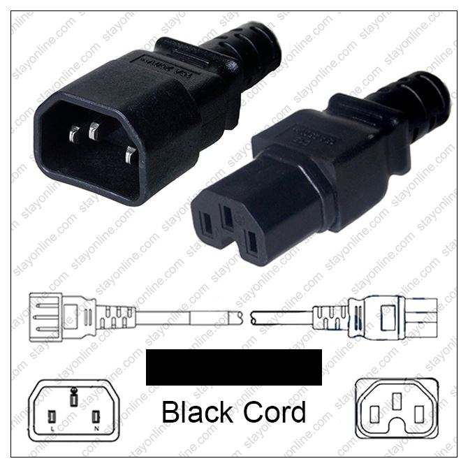 Power Cord IEC320 Male Plug C15 Connector 5' 15a/250v 14/3 SJT