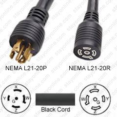 25 Length Type SOOW-A Cable Wetguard NEMA L21-20 Portable Power Cords 20A 120/208VAC 12/5 Gauge Power Assemblies PowerTEK Waterproof Assemblies Extension UL Listed/CSA Certified